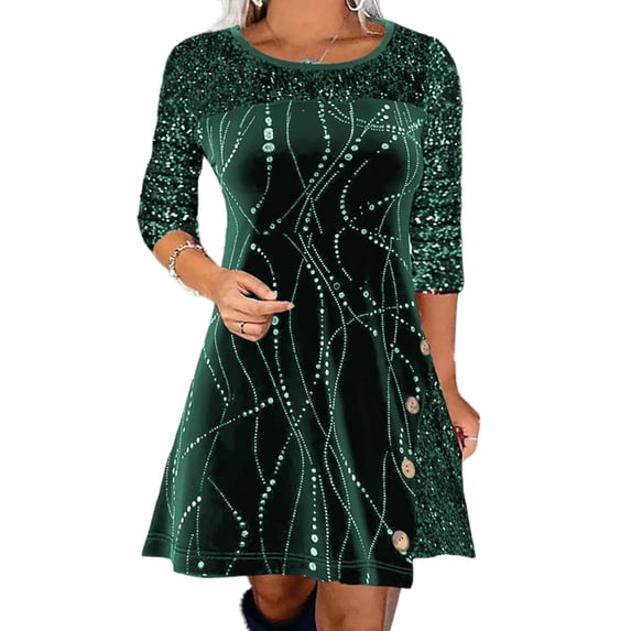Gvmfive Women Casual Long Sleeve Skater Dress Sequins Glitter Party Short Dress