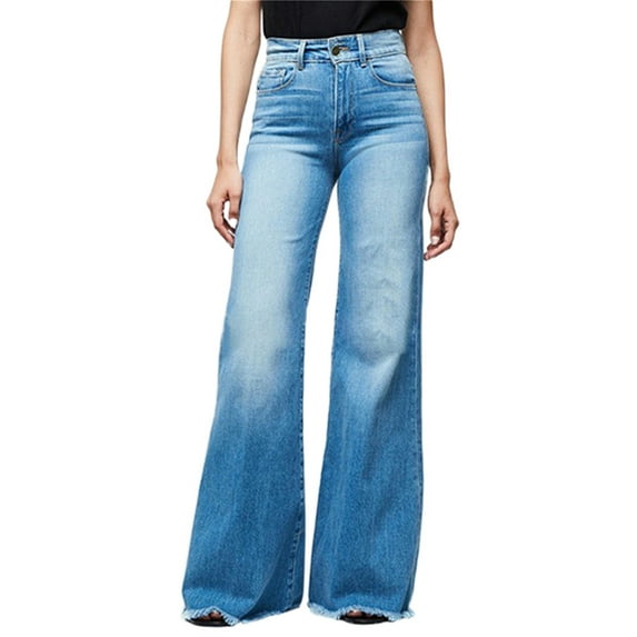 Gvmfive Women Casual Loose Denim Jeans Bell Bottom Frayed Hem Wide Leg Trousers