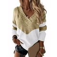 thumbnail image 1 of Gvmfive Women Casual Loose V Neck Pullover Jumper Tops Long Sleeve Color Block Knit Sweater, 1 of 4