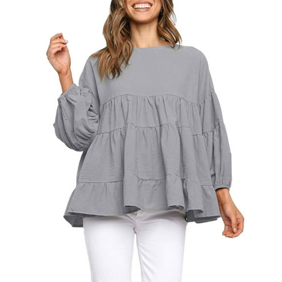Gvmfive Women Casual Ruffles Round Neck Long Puff Sleeve Tops Blouse Shirt