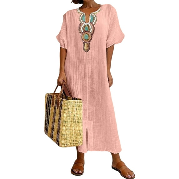 Gvmfive Women Casual Short Sleeve Embroidered Cotton Linen Kaftan Maxi Dress
