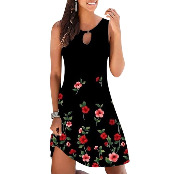 Gvmfive Women Summer Floral Print Sleeveless Tank Dress Party Beach Casual Swing Midi Dresses