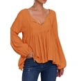 thumbnail image 1 of Gvmfive Women Casual Solid V Neck Tops Puff Long Sleeve Tie Up Tunic Tops, 1 of 4