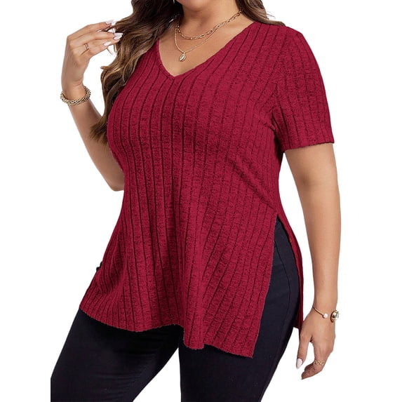 Gvmfive Women Casual V Neck Split Side Tops Short Sleeve T-shirt Tunic Plus Size