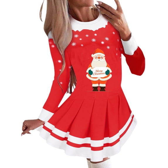 Gvmfive Women Christmas Dresses Xmas Printed Long Sleeve Skater Dress