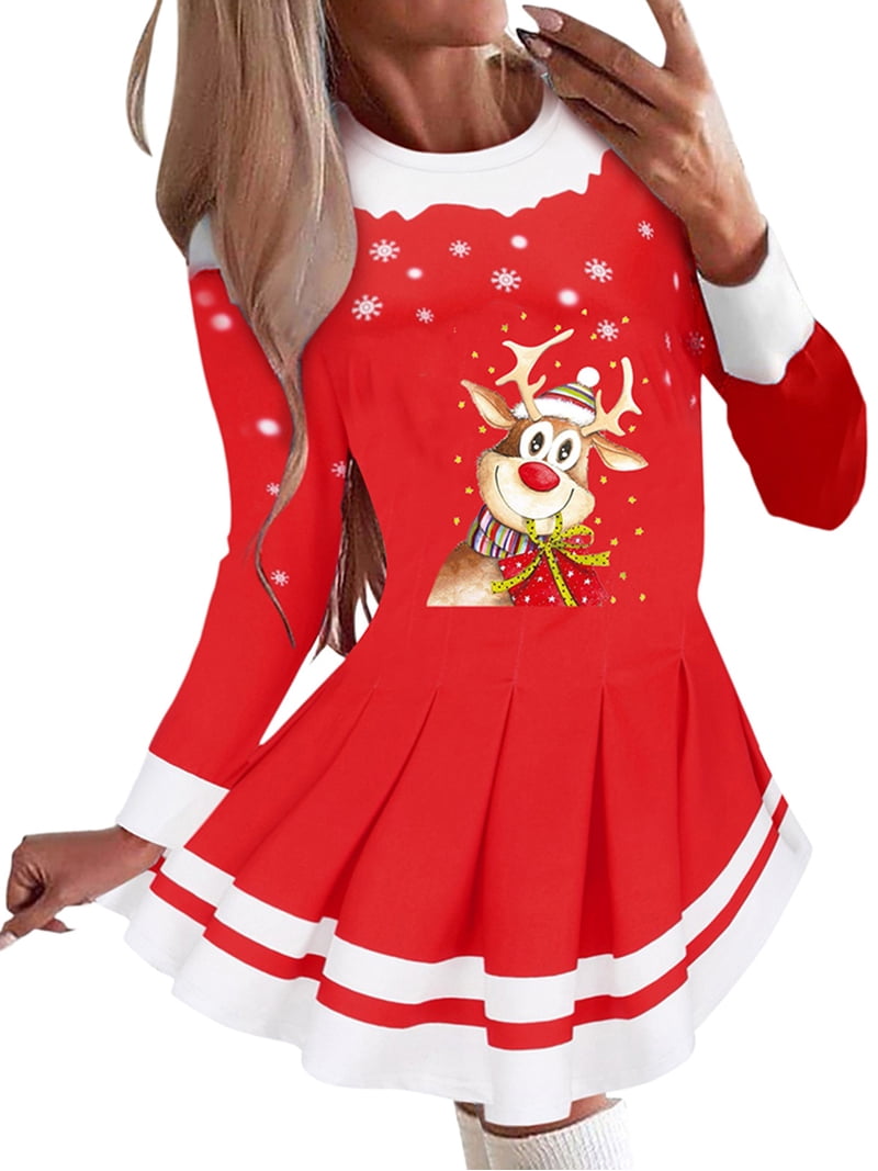 ladies christmas skater dresses Gvmfive Women Xmas Printed Long Sleeve Dress youll light up a
