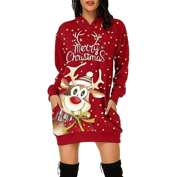 Gvmfive Women Christmas Hoodies Dress with Pocket Cute Cartoon Sequined Long Sleeve Tunic Sweatshirt