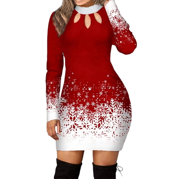 Gvmfive Women Christmas Party Dress Long Sleeve Choker Bodycon Dress