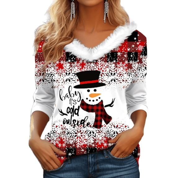 Gvmfive Women Christmas Tops Blouse Funny Graphic Long Sleeve Shirt