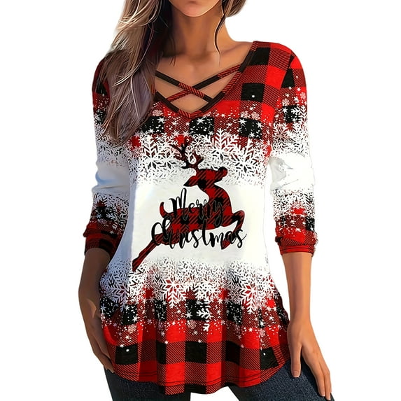 Gvmfive Women Christmas Tops Blouse Funny Graphic Long Sleeve Shirt