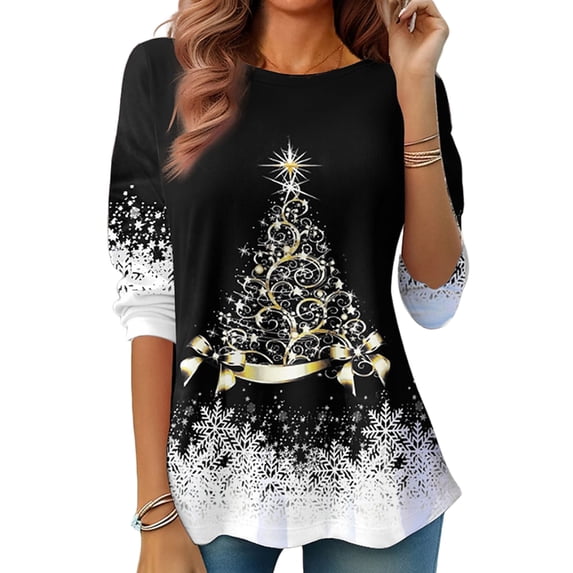 Gvmfive Women Christmas Tops Blouse Funny Graphic Long Sleeve Shirt