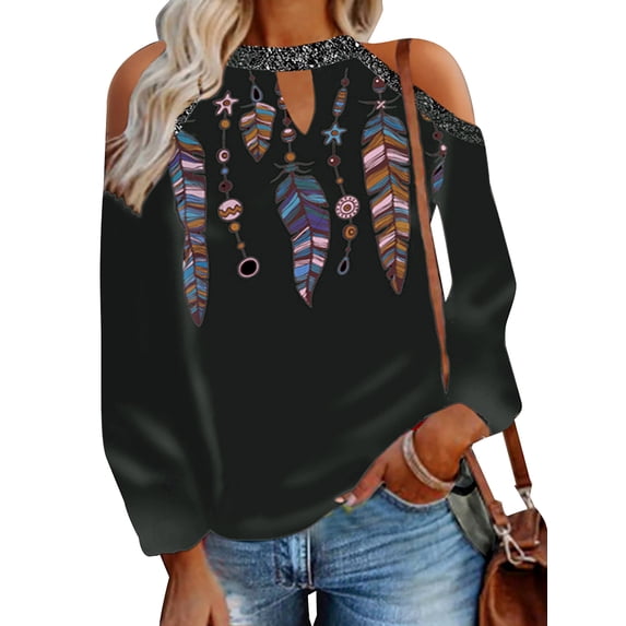 Gvmfive Women Cold Shoulder Lantern Sleeve Floral Shirts Keyhole Halter Neck Gradient Blouses