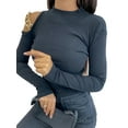 thumbnail image 1 of Gvmfive Women Cold Shoulder Long Sleeve Slim Fit Round Neck Solid Tops With Chain, 1 of 4
