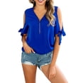 thumbnail image 1 of Gvmfive Women Cold Shoulder Short Sleeve Tops V Neck Zipper Loose Blouse Casual Shirt, 1 of 3