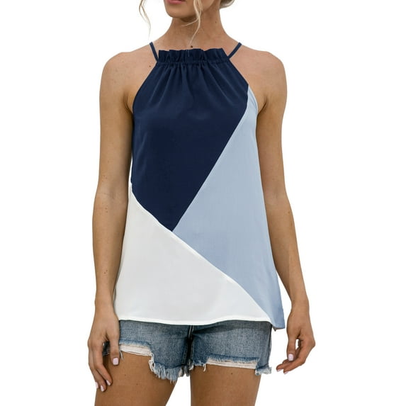 Gvmfive Women Colorblock Sleeveless Tank Tops Halter Neck Lace Up T Shirt