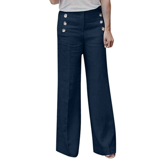 Gvmfive Women Cotton Linen Casual Pants Straight Leg Loose Solid Color Trousers