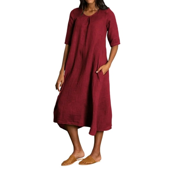 Gvmfive Women Cotton Linen Half Sleeve Pockets Maxi Dress Plus Size S-5XL