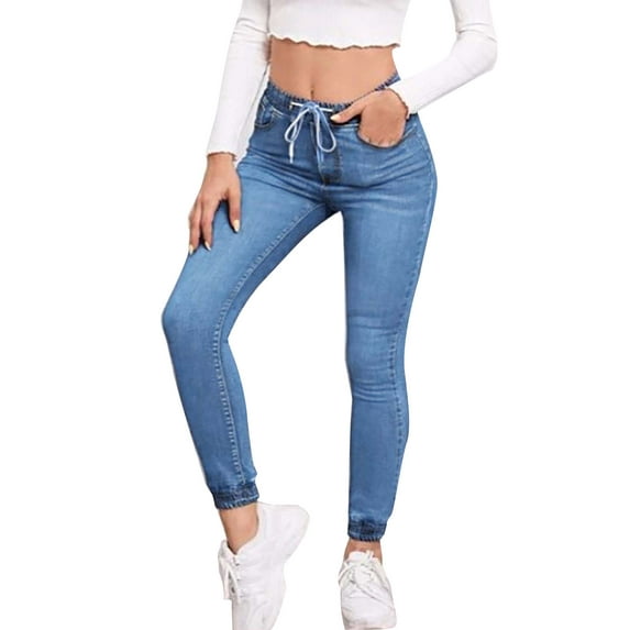 Gvmfive Women Denim Elastic Waist Drawstring Stretch Jeans