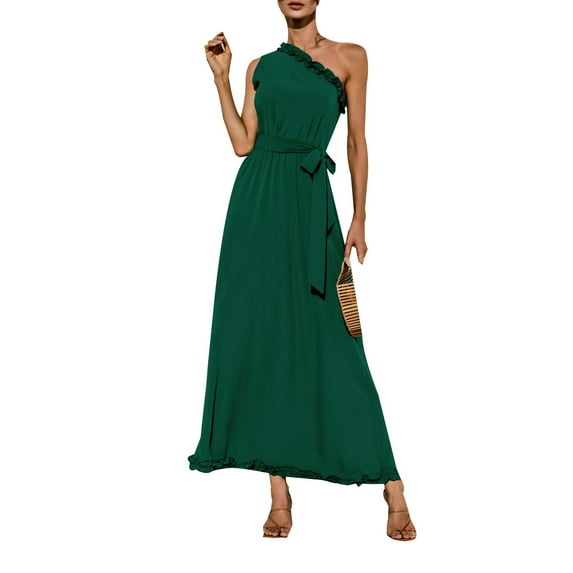 Gvmfive Women Dresses Frill Open Shoulder Belted Long Dress Party Evening