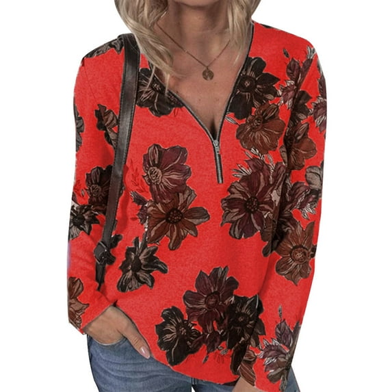 Gvmfive Women Floral Print Long Sleeve T-shirt Zipper V-Neck Casual Loose Top, XL