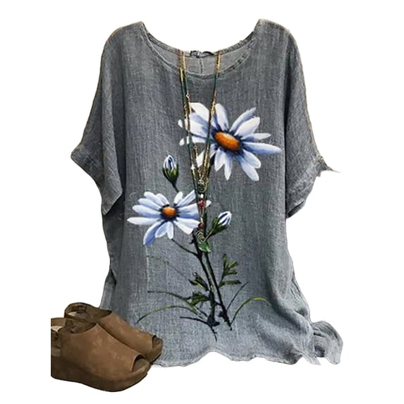 Gvmfive Women Floral Print Round Neck Short Sleeve Tops Pullover Blouse