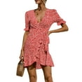 thumbnail image 1 of Gvmfive Women Floral Print V Neck Wrap Ruffled Mini Dress, 1 of 2