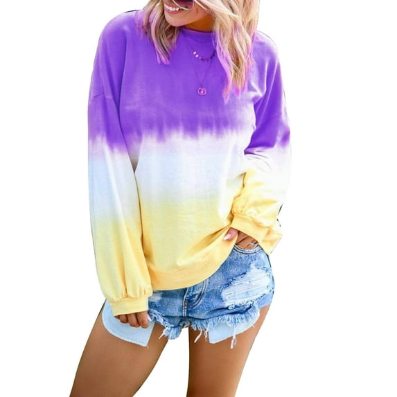 Gvmfive Women Gradient Long Sleeve Pullover Tops Casual Tie Dyed Print Loose Shirt Blouse