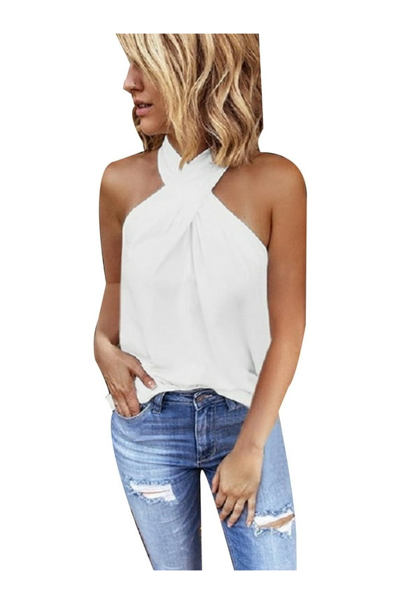 Women Halter Neck Tops Plain Sleeveless T-shirt Tank Blouse