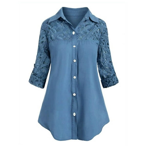 Gvmfive Women Lace Splicing Long Sleeve Button Down Shirts Tops Blouse