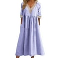 thumbnail image 1 of Gvmfive Women Lace V Neck Loose Short Sleeve Cotton Linen Dress, 1 of 4