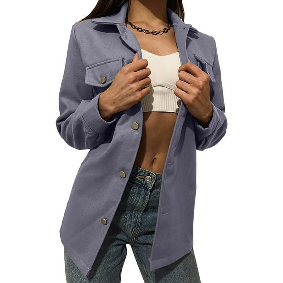 Gvmfive Women Lapel Neck Front Flap Pockets Button Up Long Sleeve Solid Shirt Jacket, XL