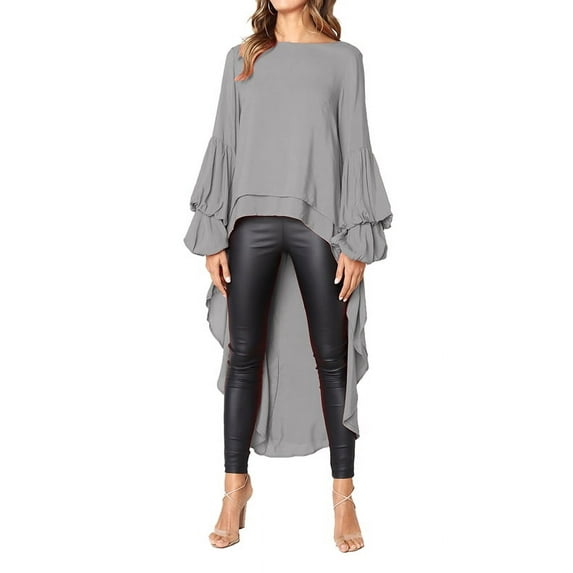 Gvmfive Women Long Puff Sleeve Asymmetrical Casual Tops Blouse High Low Hem Shirt Dress