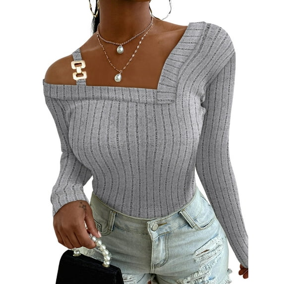 Gvmfive Women Long Sleeve Cold Shoulder Tops Ribbed Slim Shirt