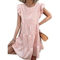 thumbnail image 1 of Gvmfive Women Plaid Checked Print Tiered Dress Ruffle Short Sleeve Mini Sun Dress, 1 of 3