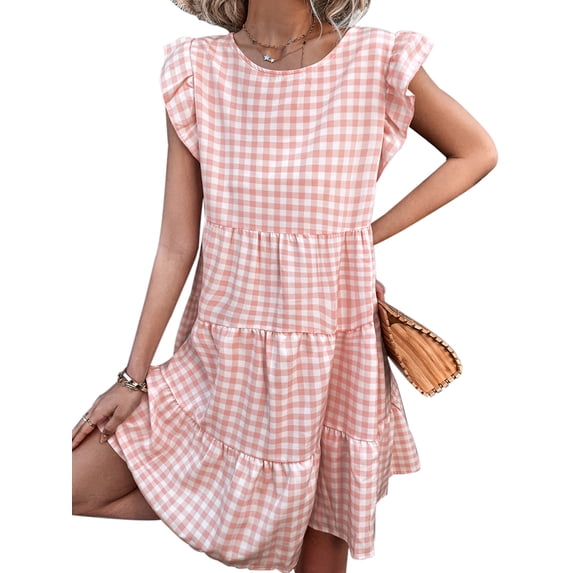 Gvmfive Women Plaid Checked Print Tiered Dress Ruffle Short Sleeve Mini Sun Dress