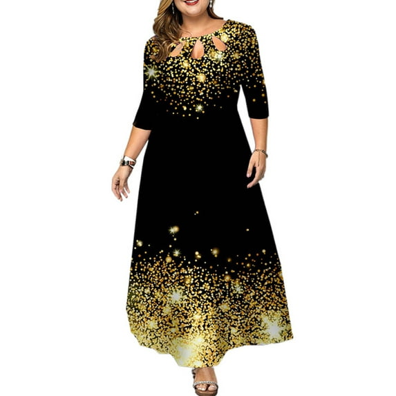 Gvmfive Women Plus Size 3/4 Sleeve Hollow Crew Neck Long Dress Cocktail Party Evening Maxi Dress