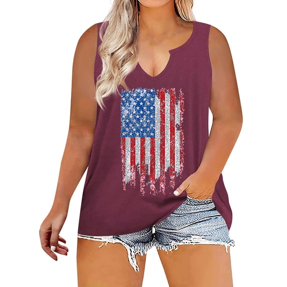 Gvmfive Women Plus Size American Flag Print Sleeveless Vest T Shirt 4th of July Round Neck Casual Tunic Tank Tops