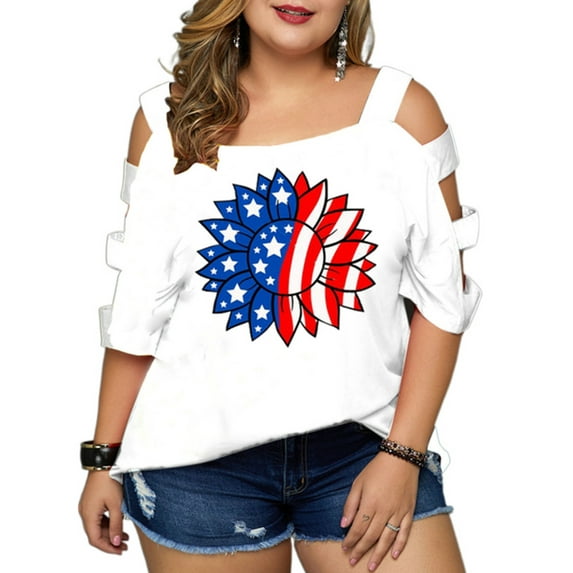Gvmfive Women Plus Size Casual Printing Hollow 3/4 Sleeve Tops Loose Blouse T-shirt