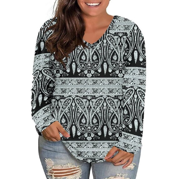 Gvmfive Women Plus Size Casual Tops Long Sleeve Printed Blouse Pullover Loose T Shirt
