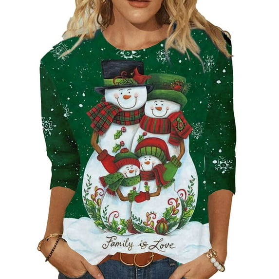 Gvmfive Women Plus Size Christmas Ugly Print Long Sleeve Shirt Tops