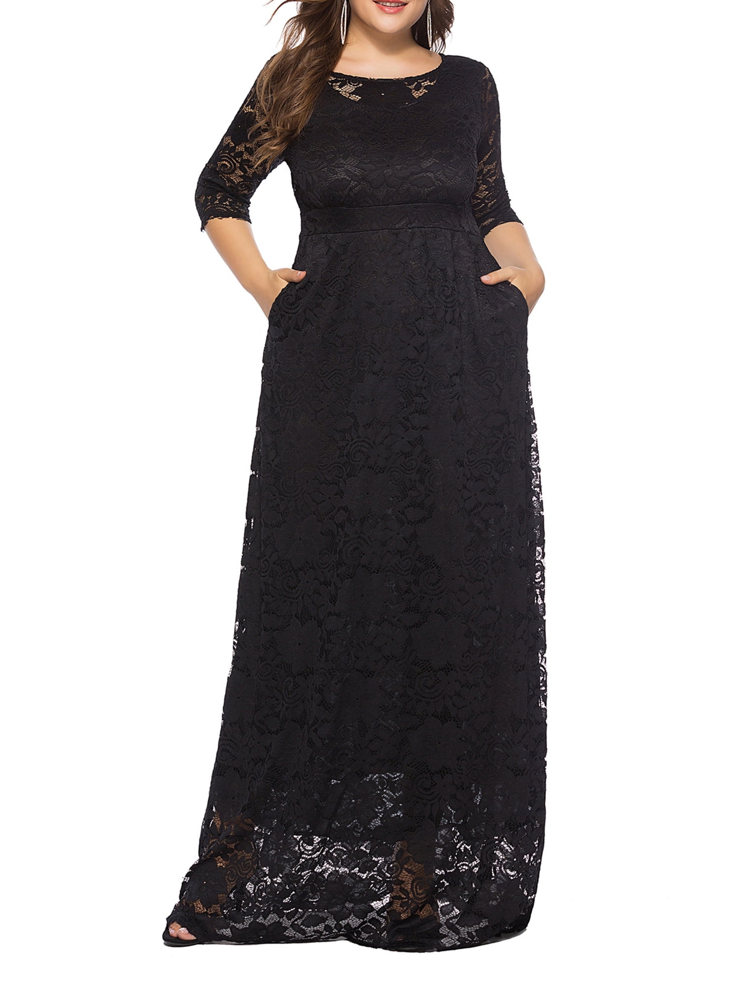 Plus Size 6xl O-neck Lace Evening Dress Hollowed out Prom Gown Have Pockets Formal Half Sleeve Dress
