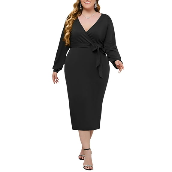 Gvmfive Women Plus Size Dresses Long Sleeve V Neck Solid Midi Dress with Belt