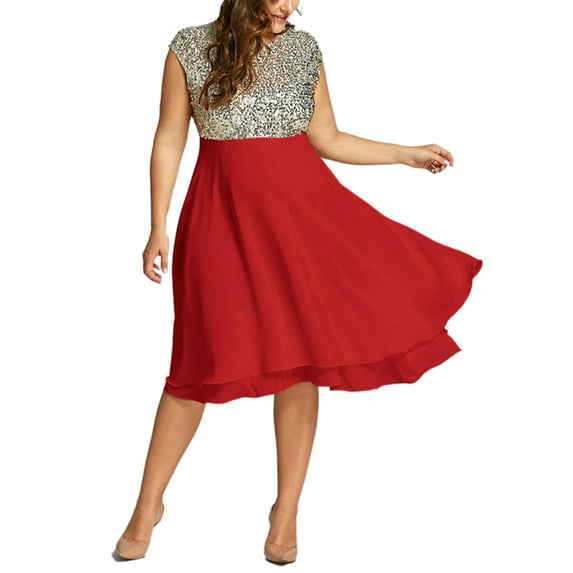 Gvmfive Women Plus Size Dresses Sequins Sleeveless Chiffon Swing Dress