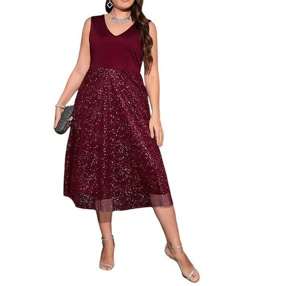 Gvmfive Women Plus Size Evening Party Dress Sequins Sleeveless Cocktail Formal Swing Dress
