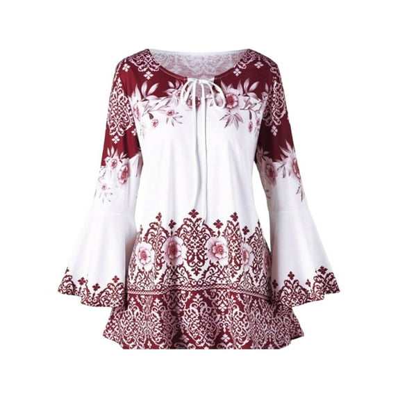 Gvmfive Women Plus Size Flared Long Sleeve Tunic Tops Casual Floral Print Loose Blouse