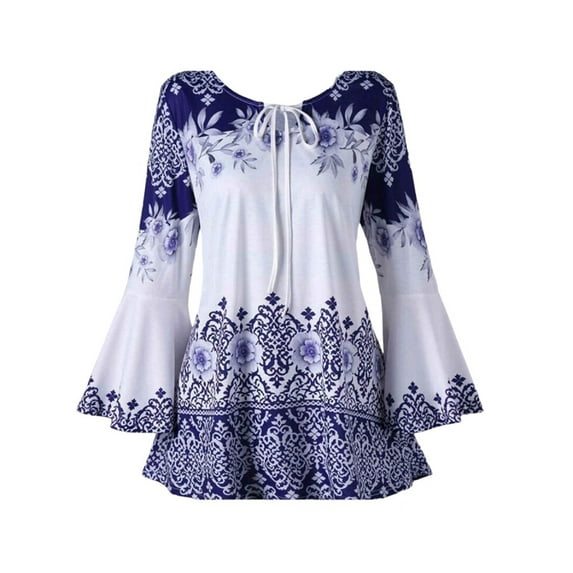 Gvmfive Women Plus Size Flared Long Sleeve Tunic Tops Casual Floral Print Loose Blouse