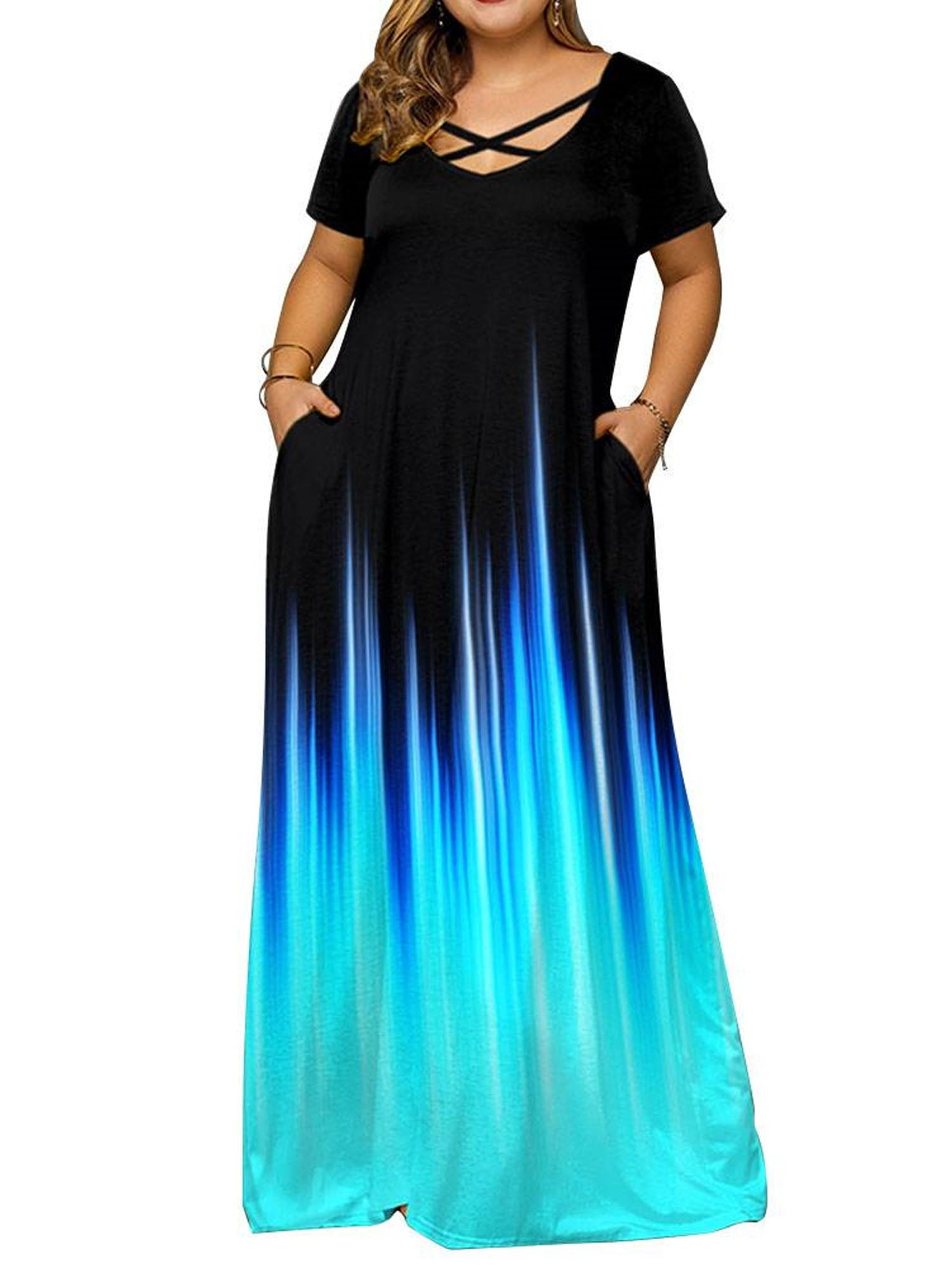 Gvmfive Women Plus Size Gradient Print Short Sleeve Summer Casual Maxi ...
