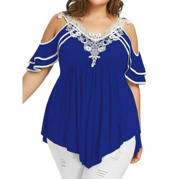 Gvmfive Women Plus Size Lace Cold Shoulder Short Sleeve Irregular Blouse Tunic Tops T Shirt