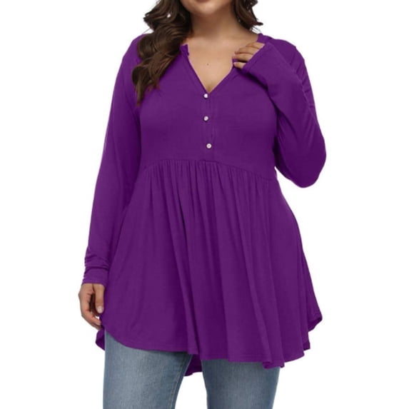 Gvmfive Women Plus Size Long Sleeve Tunic Tops Henley Pleated Button Down Asymmetrical Flowy Blouse