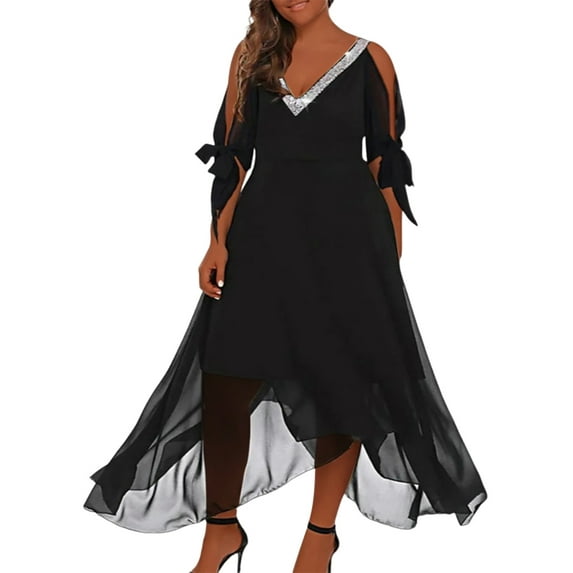 Gvmfive Women Plus Size Maxi Dress Cold Shoulder Irregular Maxi Dress